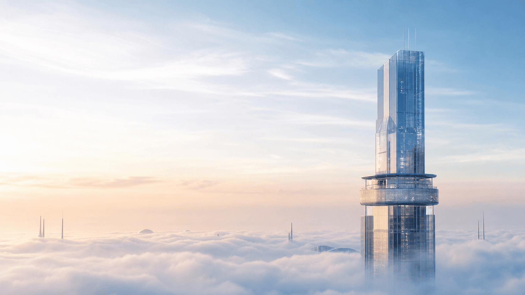 A glass research tower rising above a soft pastel cloud layer
